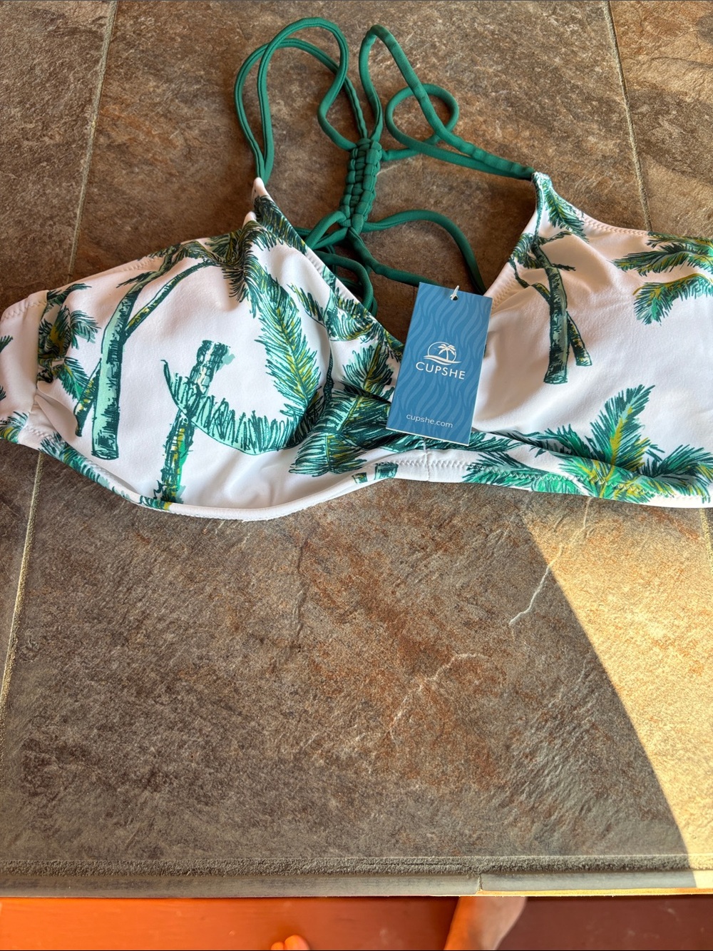 Cupshe White Bikini Top with Green Palm Print and Bra-Style Straps
